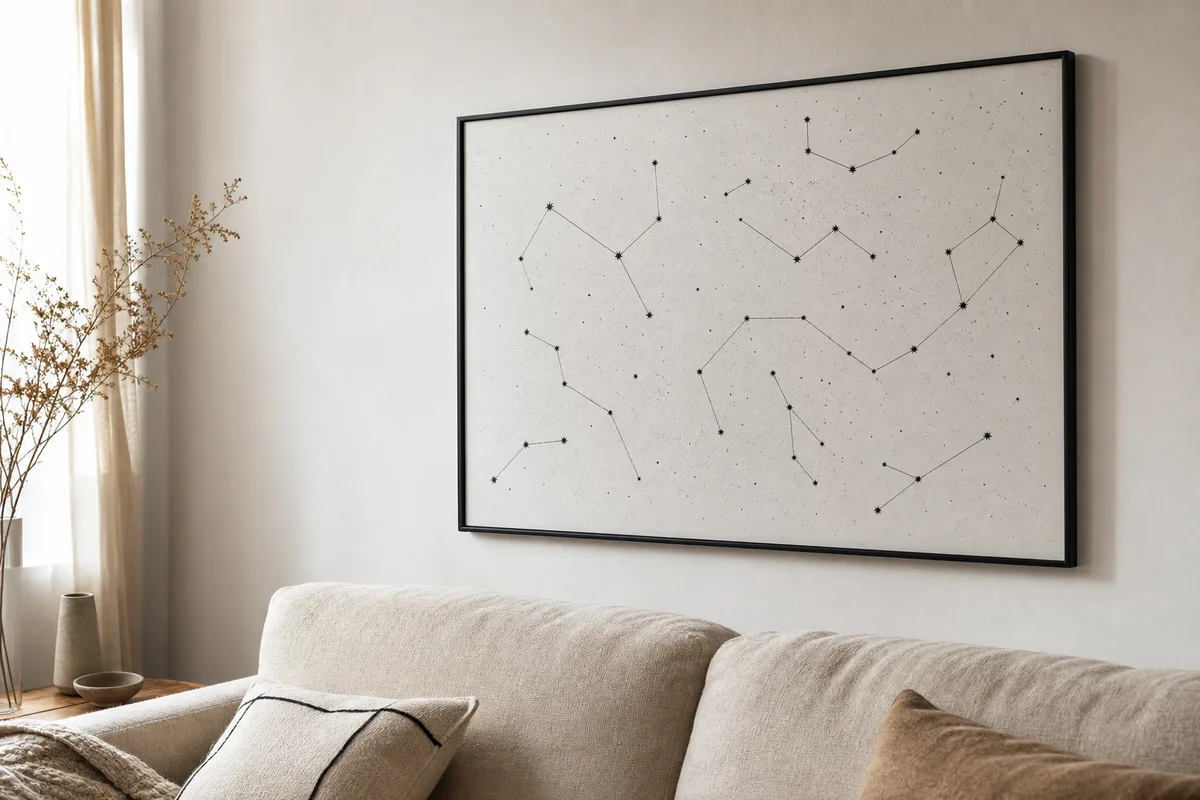 Affiche de constellation encadrée en métal noir au-dessus d&rsquo;un canapé beige dans un intérieur minimaliste