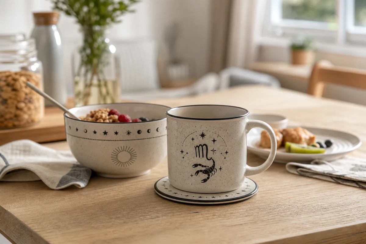 Mug et vaisselle ornés de symboles du zodiaque posés sur une table en bois clair