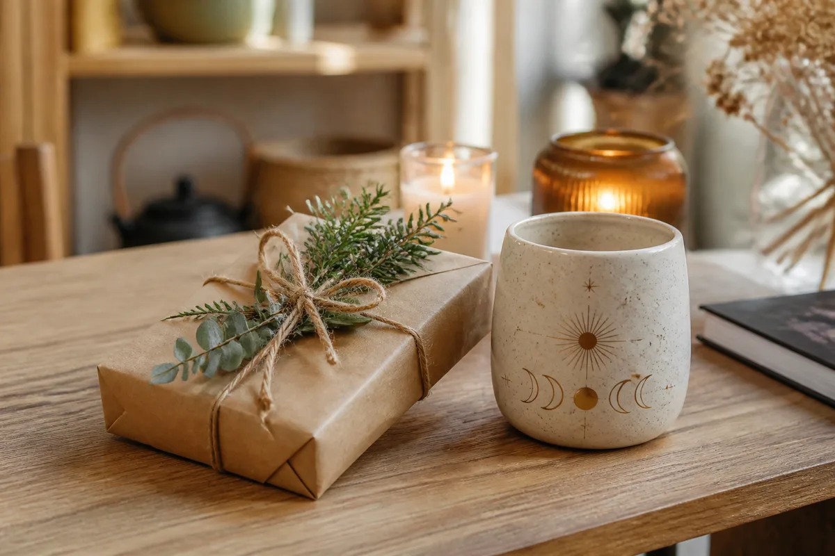 Cadeau emballé en papier kraft contenant un objet déco au motif astrologique, brins végétaux en décor