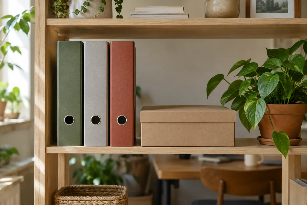 Trois classeurs à couverture unie et une boîte kraft rangés sur une étagère en bois clair