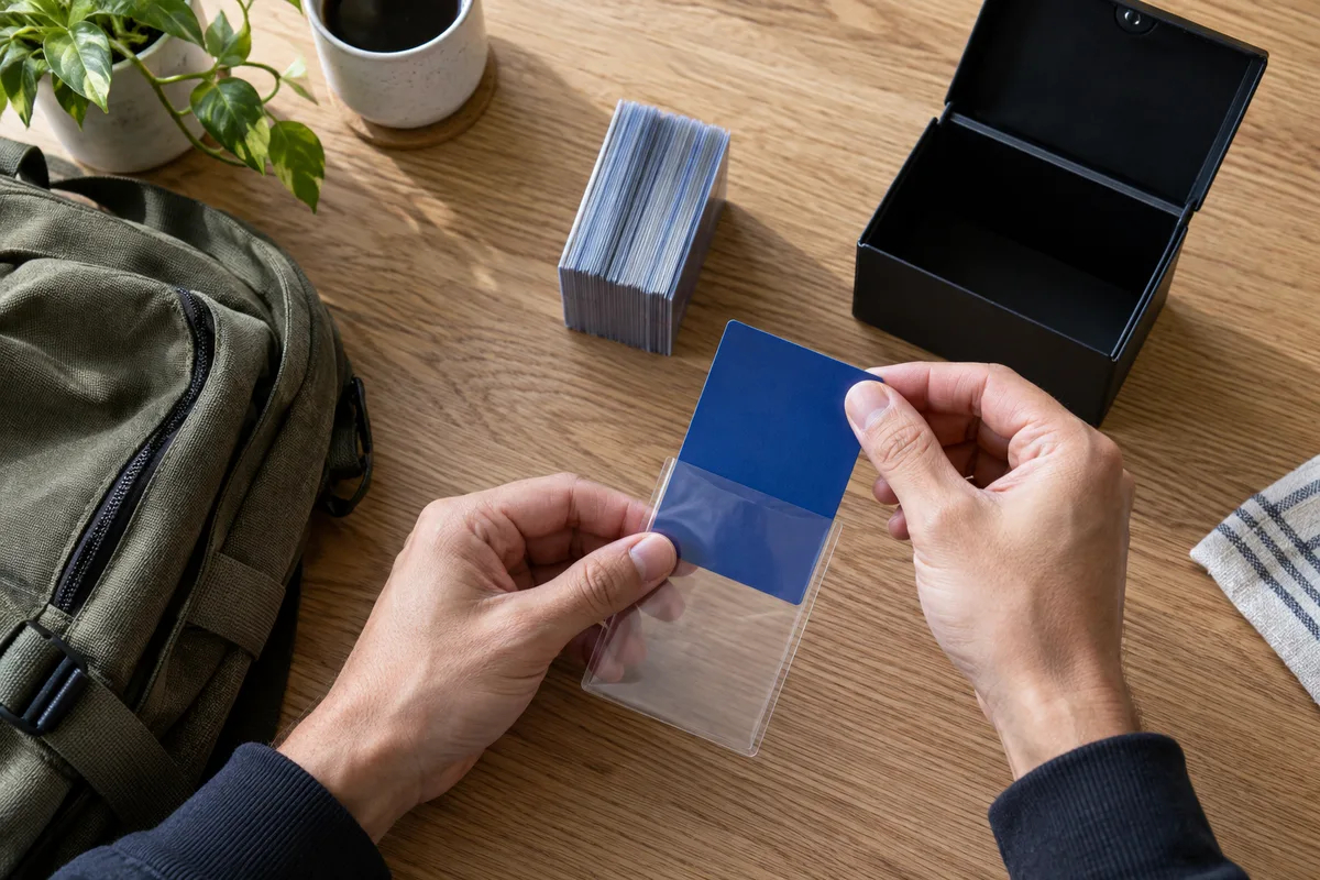Mains d&rsquo;adulte glissant une carte vue de dos dans une pochette transparente avant une partie