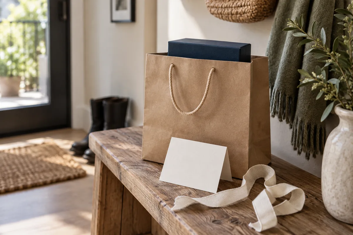 Sac cadeau en kraft d&rsquo;où dépasse une boîte de rangement bleu nuit, avec un ruban écru