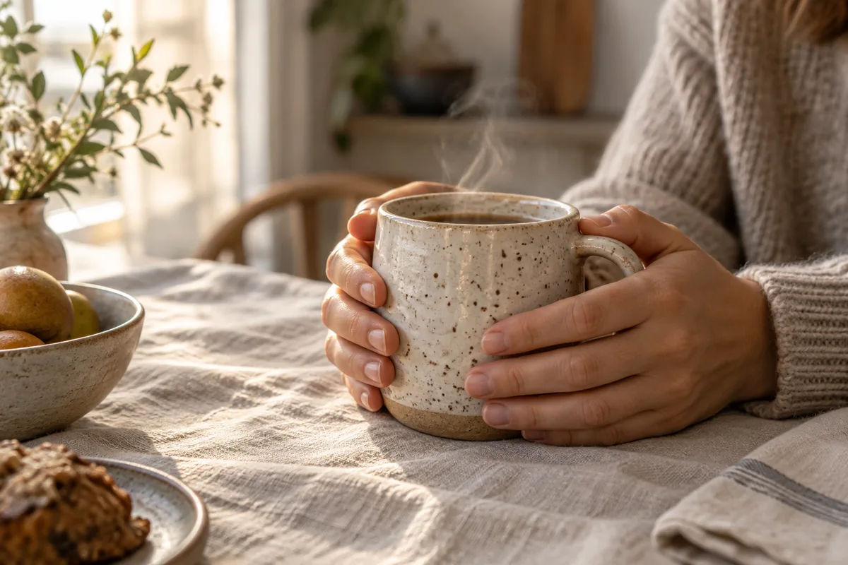 Mains qui tiennent un mug en grès artisanal au-dessus d&rsquo;une nappe en lin