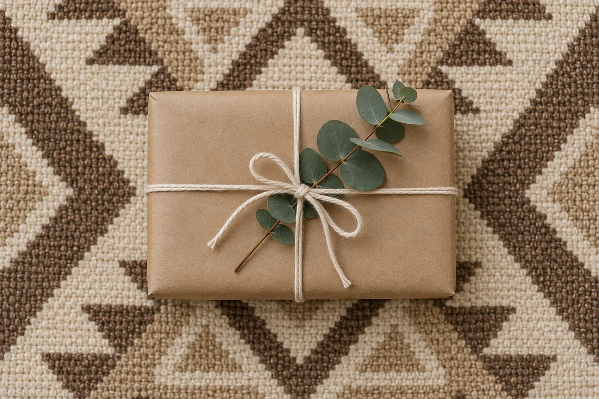 Paquet cadeau en papier kraft uni posé sur un tapis tissé, vu de dessus