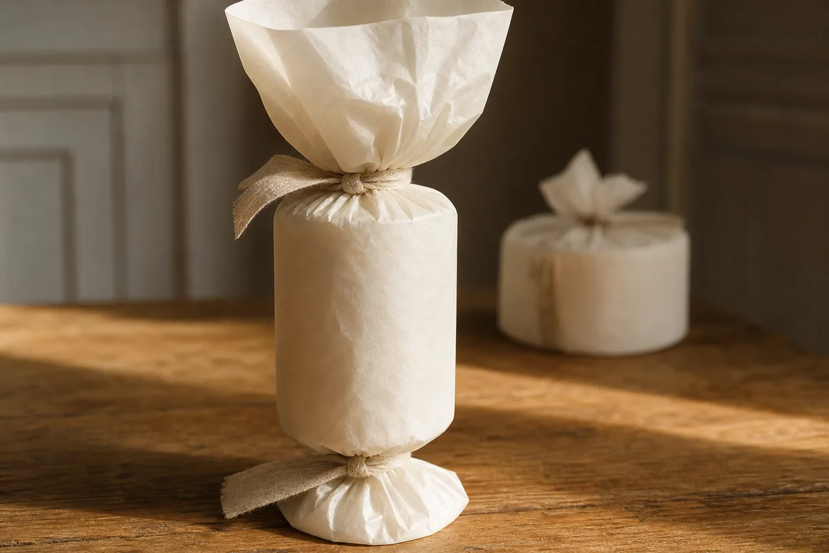 Cadeau cylindrique emballé en papillote et noué d&rsquo;un ruban de lin