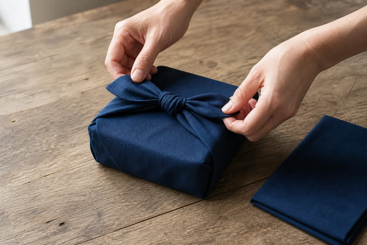 Carré de tissu noué autour d&rsquo;un cadeau façon furoshiki