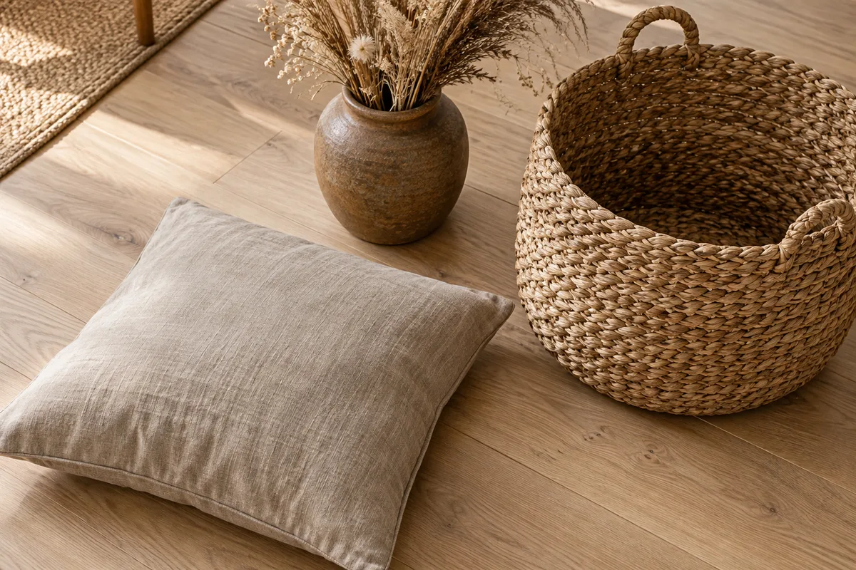 Coussin en lin, panier tressé et vase en grès posés sur un parquet clair