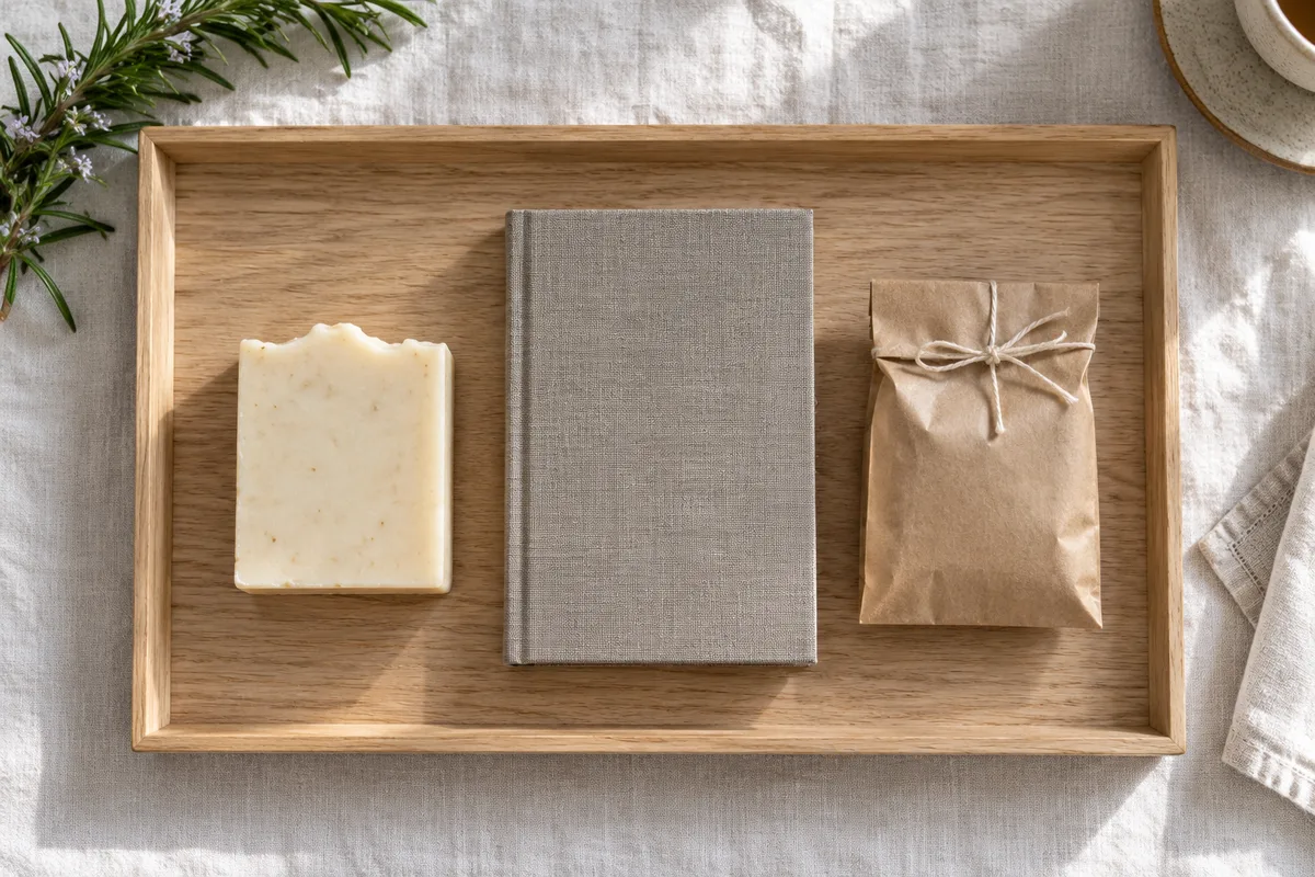 Savon nu, carnet à couverture de lin et sachet de thé en kraft alignés sur un plateau en bois
