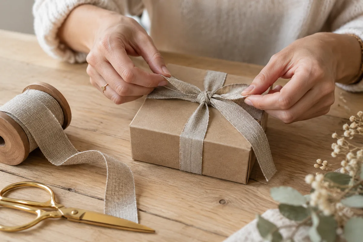 Mains qui nouent un ruban de lin autour d’une petite boîte cadeau en carton uni