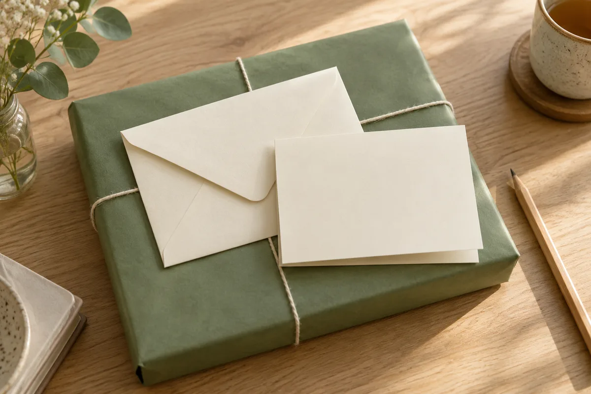 Enveloppe en papier épais et carte pliée vierge posées sur un paquet cadeau vert sauge