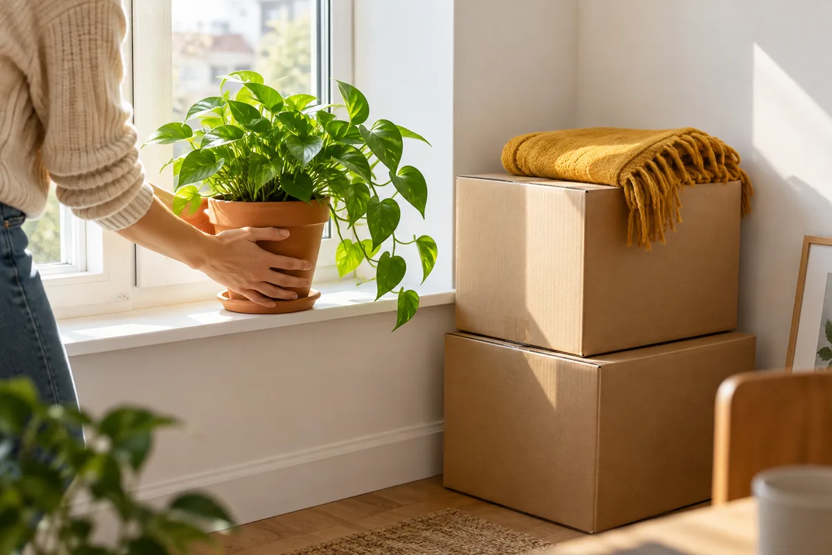 Plante en pot de terre cuite posée sur le rebord d’une fenêtre dans un appartement en cours d’installation
