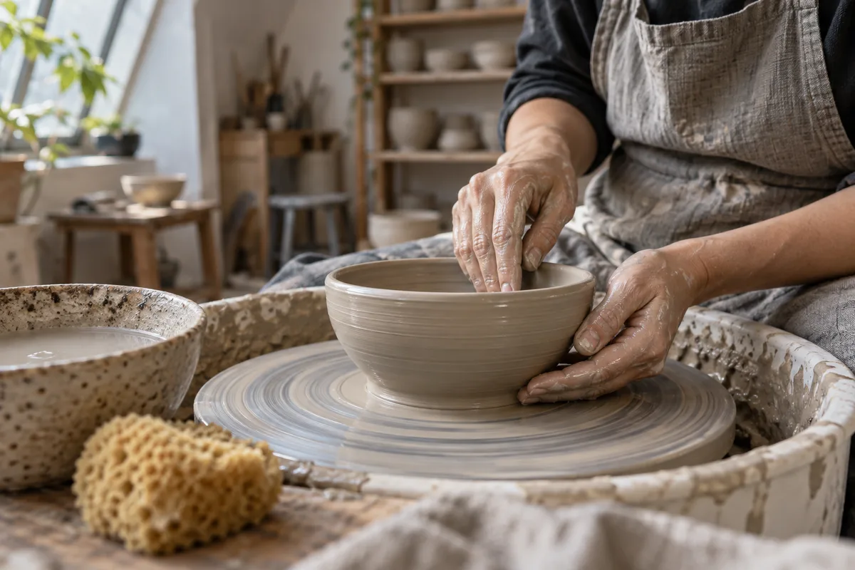 Mains qui façonnent un bol d’argile sur un tour de potier pendant un atelier