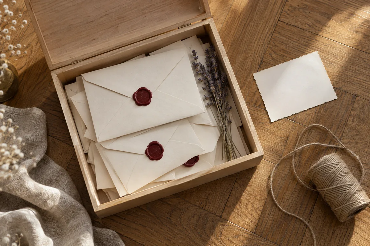 Boîte en bois clair remplie d’enveloppes scellées à la cire, préparée comme capsule souvenir