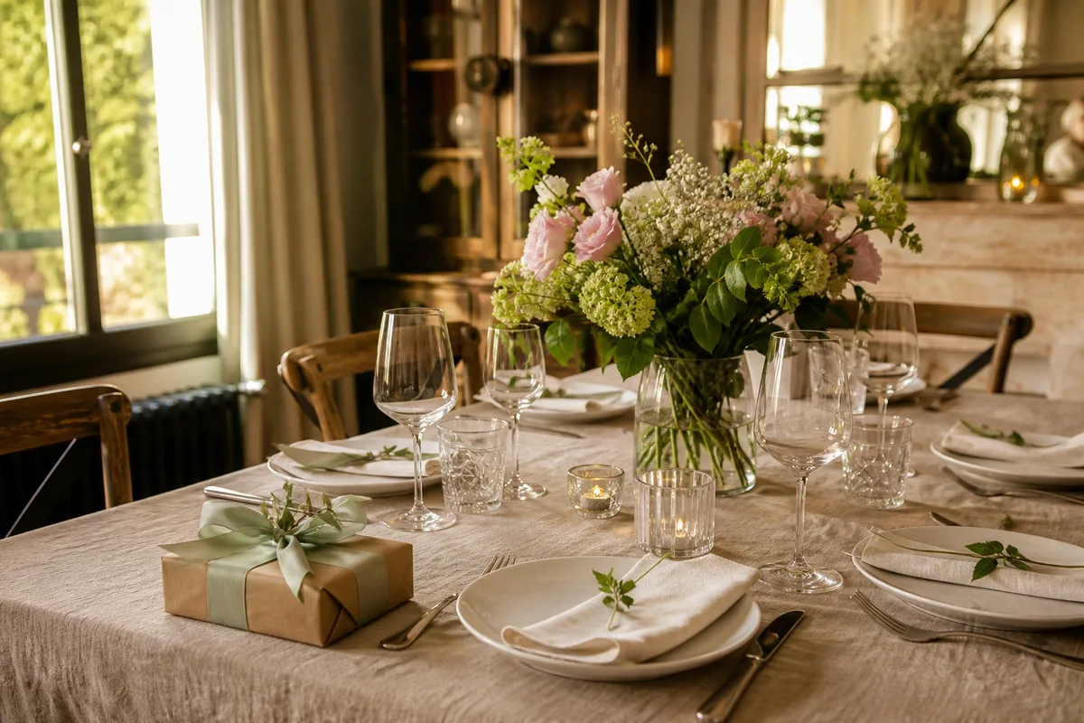 Table de fête dressée avec un paquet cadeau et un bouquet de fleurs