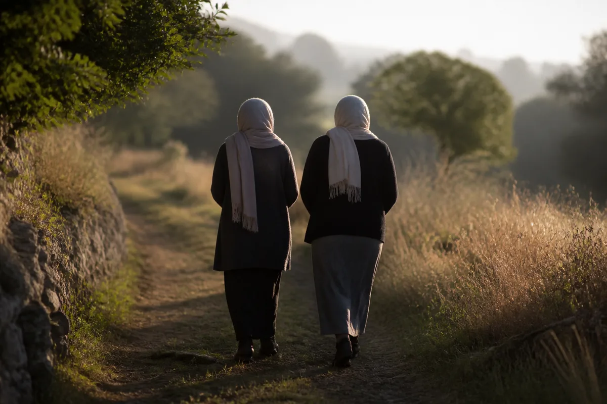 Deux femmes marchant sur un chemin lors d’une journée en extérieur