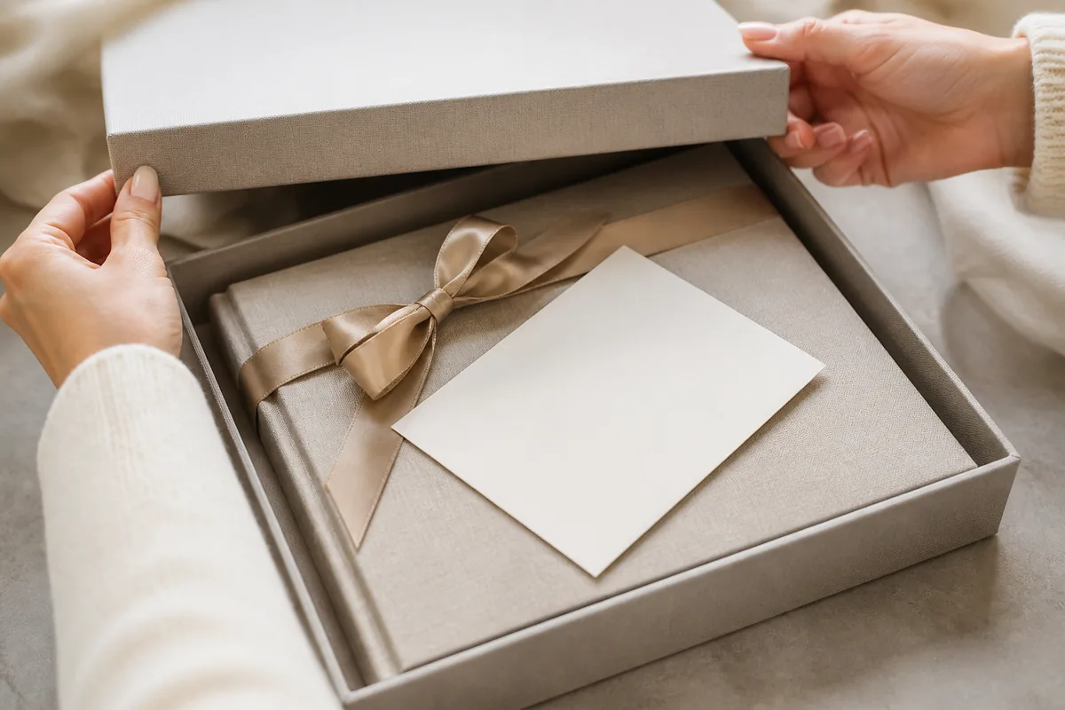Coffret cadeau ouvert révélant un album photo et un ruban de satin