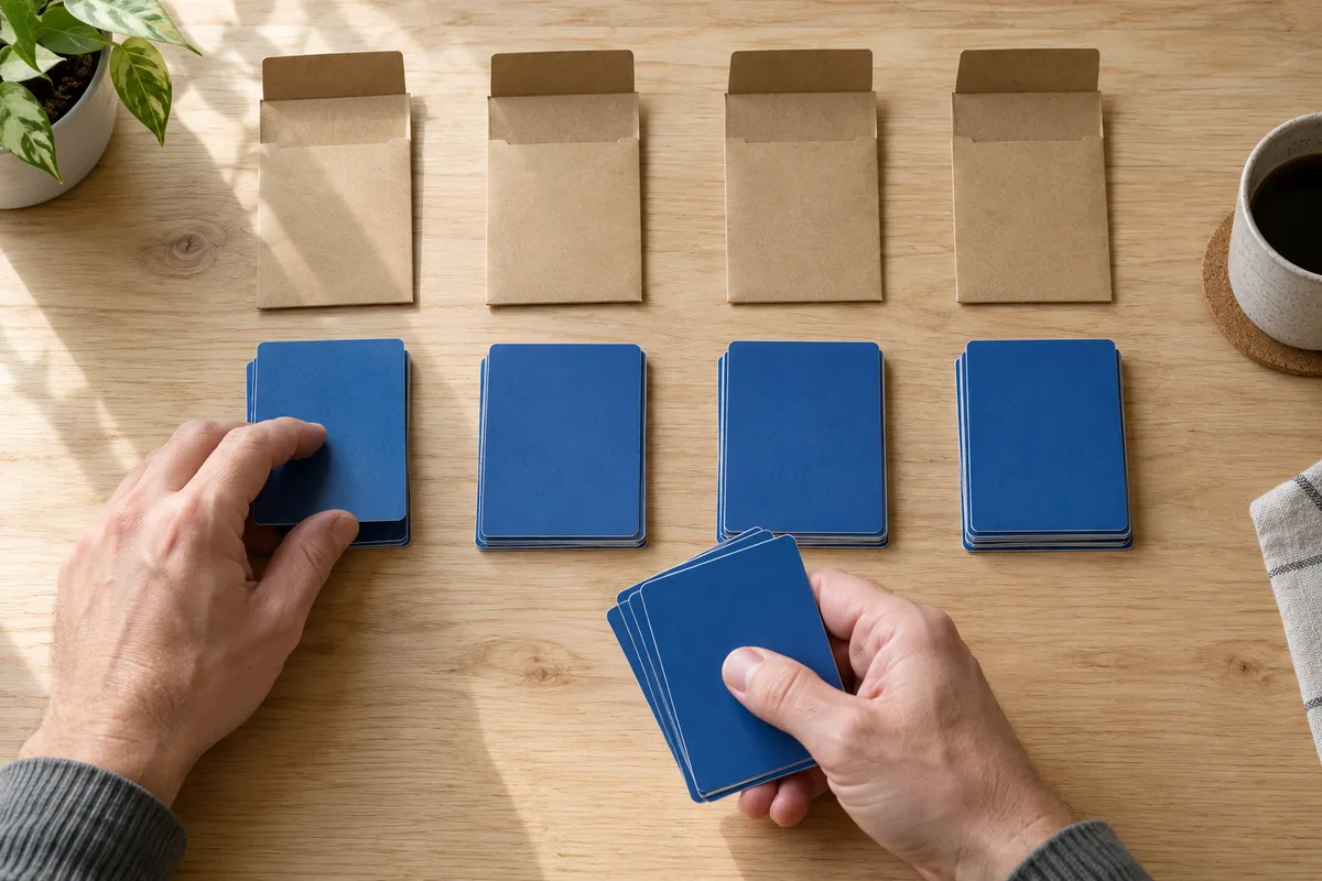Mains qui répartissent des cartes à collectionner en piles égales