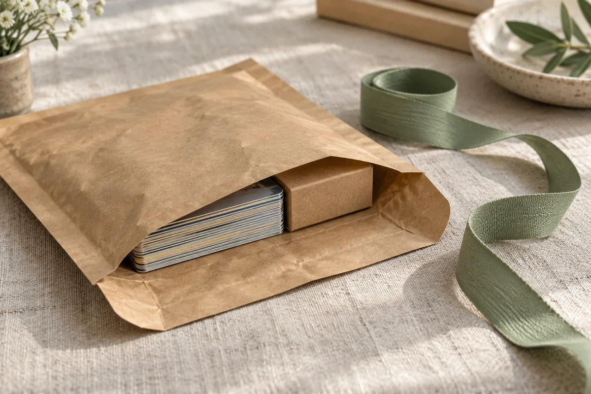 Pochette kraft ouverte avec des cartes à collectionner calées contre un carton