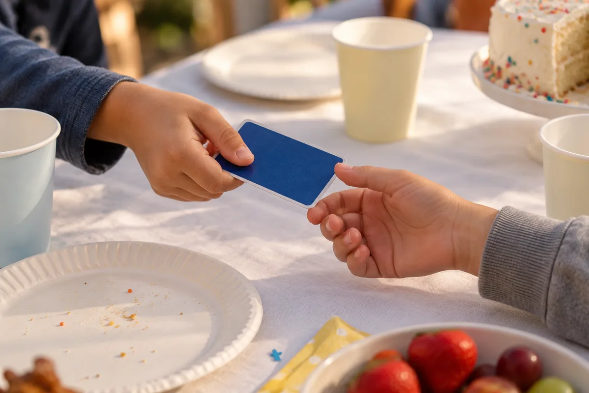 Mains d’enfants qui échangent une carte à collectionner au-dessus de la table du goûter